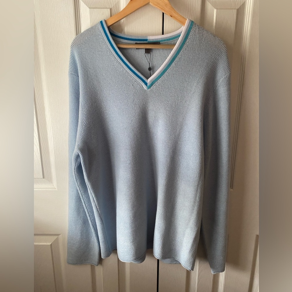 🆕 G/FORE Baja Blue Waffle Knit‎ 100% Wool V-Neck Golf Sweater L